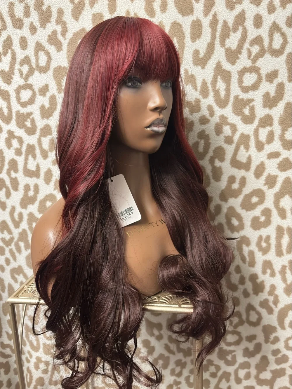 Burgundy Long Loose Wavy Wig with Bangs - Deep Red Mix